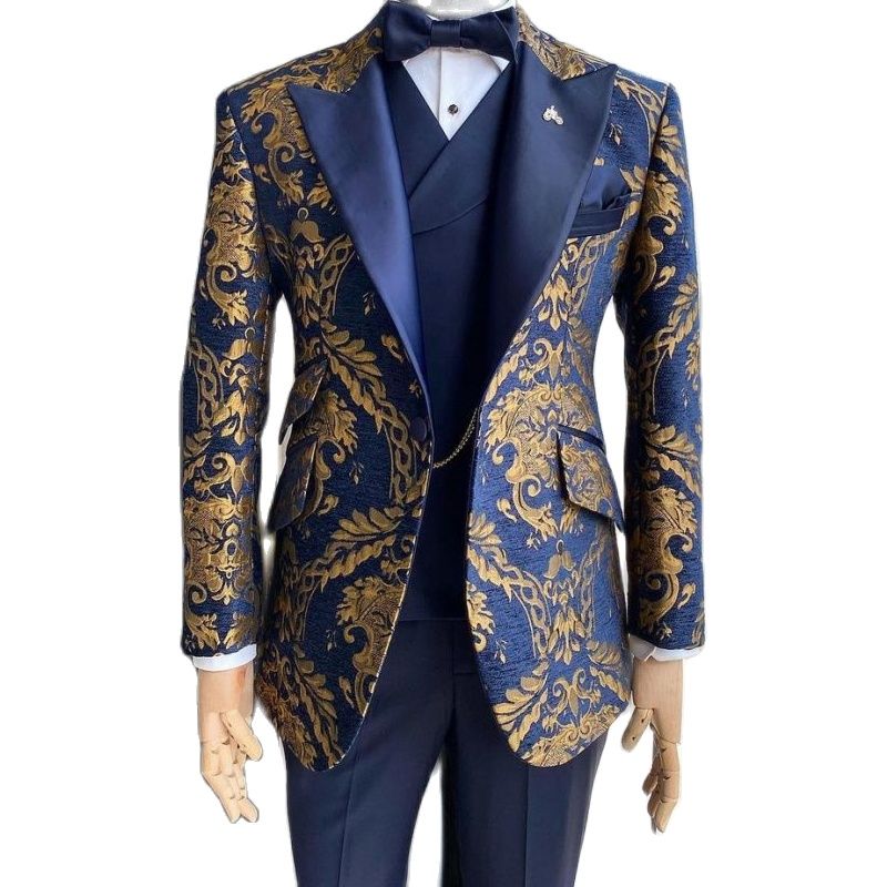 TUNE SUITS Men's Fashion Formal 3 Piece Navy Blue & Gold Embroidery Tuxedo (Jacket + Pants + Vest) Suit Set Navy Blue & Gold / 2XL