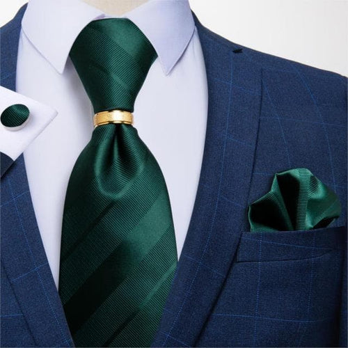DBG VIP Design Collection Men's Fashion Deep Emerald Green Stripes 100% Premium Quality Silk Tie Set - Divine Inspiration Styles
