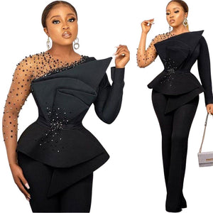 ABBY ANIKO Women's Elegant Vintage Black Floral Lace Silhouette Style Satin Sheer Design Pants Dress Suit - Divine Inspiration Styles