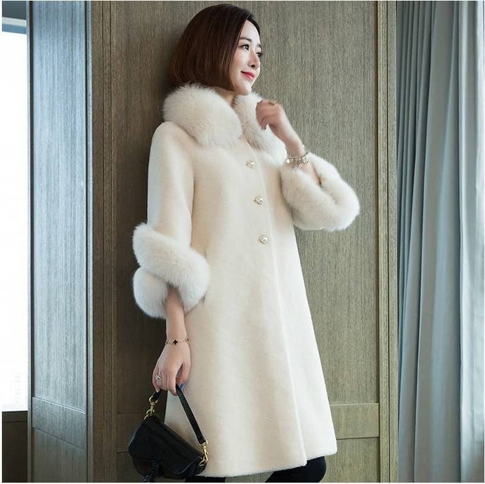 LUGENTOLO Women's Fine Fashion Elegant Ivory White Faux Fur Coat Jacket With Collar & Arm Plush Fur - Divine Inspiration Styles