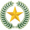 Circular emblem with a yellow star at the center, surrounded by green laurel leaves on a white background.
