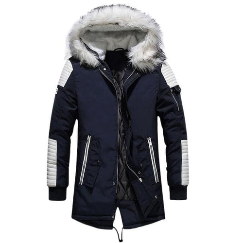ATWELL Design Men's Sports Fashion Navy Blue & White Thick Winter Parka Fur Collar Hooded Coat Jacket
