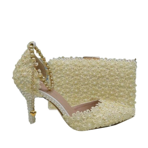 BAYA Women's Fashion Elegant Beige Flower Lace Design Wedding Shoes with Matching Handbag - Divine Inspiration Styles