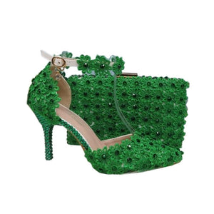 BAYA Women's Fashion Elegant Green Flower Lace Design Wedding Shoes with Matching Handbag - Divine Inspiration Styles