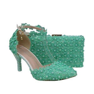 BAYA Women's Fashion Elegant Light Green Flower Lace Design Wedding Shoes with Matching Handbag - Divine Inspiration Styles