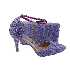 BAYA Women's Fashion Elegant Purple Flower Lace Design Wedding Shoes with Matching Handbag - Divine Inspiration Styles