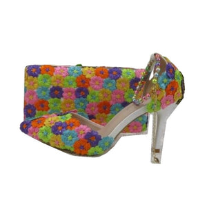 BAYA Women's Fashion Elegant Multi-Color Rainbow Flower Lace Design Wedding Shoes with Matching Handbag - Divine Inspiration Styles