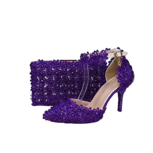 BAYA Women's Fashion Elegant Purple Flower Lace Design Wedding Shoes with Matching Handbag - Divine Inspiration Styles
