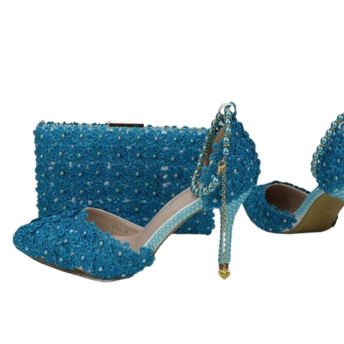 BAYA Women's Fashion Elegant Sea Blue Flower Lace Design Wedding Shoes with Matching Handbag - Divine Inspiration Styles
