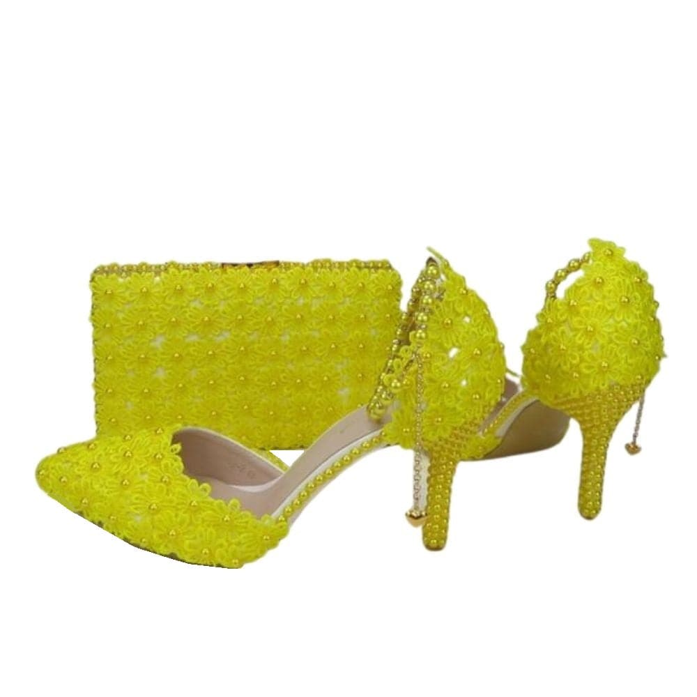 BAYA Women's Fashion Elegant Yellow Flower Lace Design Wedding Shoes with Matching Handbag - Divine Inspiration Styles