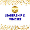 Gold star confetti border with a gold checkmark and blue text 'Leadership & Mindset' on a white background