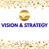 Gold star confetti with a gold checkmark and blue text 'VISION & STRATEGY' on a white background