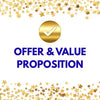 Gold star confetti border with a gold checkmark and blue text 'Offer & Value Proposition' on a white background.