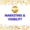 Gold star confetti with a checkmark and text 'MARKETING & VISIBILITY' on a white background