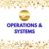 Gold checkmark with 'Operations & Systems' text on a white background with gold stars.