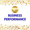 Gold star confetti with a check mark and 'BUSINESS PERFORMANCE' text on a white background