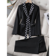 CAROLINE SUITS Women's Elegant Stylish Fashion Polka Dots Design Office Black Blazer Jacket & Pants Suit Set - Divine Inspiration Styles