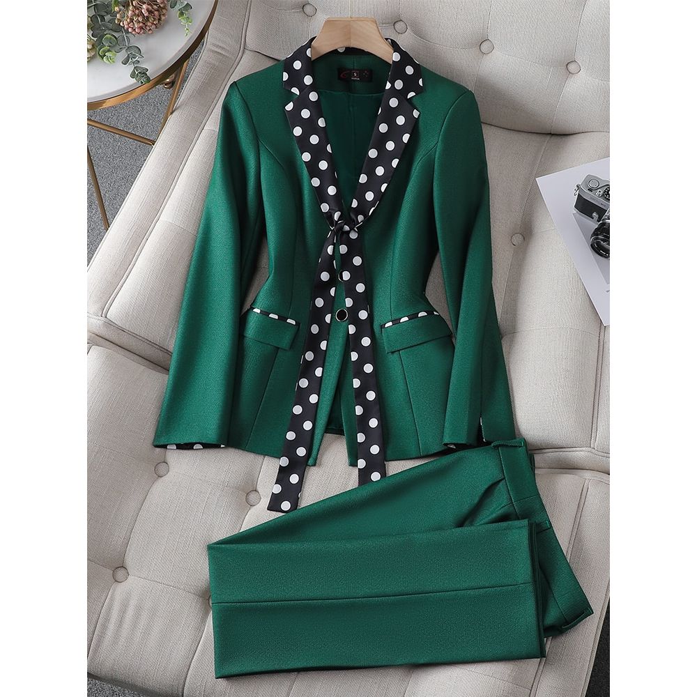 CAROLINE SUITS Women's Elegant Stylish Fashion Polka Dots Design Office  Black Blazer Jacket & Pants Suit Set