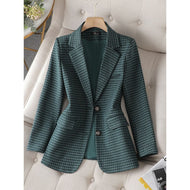 CAROLINE SUITS Women's Elegant Stylish Fashion Office Professional Woven Emerald Green Plaid Blazer Jacket - Divine Inspiration Styles