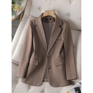 CAROLINE SUITS Women's Elegant Stylish Fashion Office Professional Woven Khaki Brown Plaid Blazer Jacket - Divine Inspiration Styles