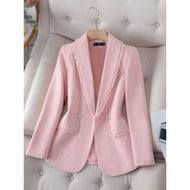 CAROLINE SUITS Women's Elegant Stylish Fashion Office Professional Woven Pink Plaid Blazer Jacket - Divine Inspiration Styles