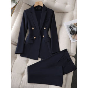 CAROLINE SUITS Women's Elegant Stylish Fashion Notched Lapel Office Blazer Jacket & Pants Navy Blue Suit Set for Business Meetings & Job Interviews