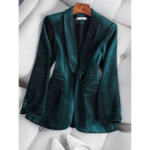 CAROLINE SUITS Women's Elegant Stylish Fashion Office Professional Solid Color Emerald Green Velvet Blazer Jacket