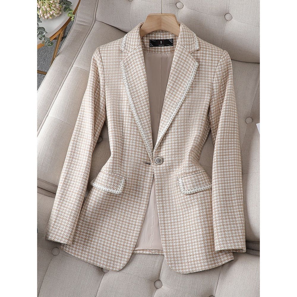 CAROLINE SUITS Women's Elegant Stylish Fashion Office Professional Woven Light Brown Carmel Plaid Blazer Jacket