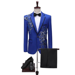 CGSUITS Men's Fashion Floral Applique Black Blazer Suit Jacket & Pants Suit Set