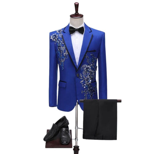 CGSUITS Men's Fashion Floral Applique Blue Blazer Suit Jacket & Pants Suit Set