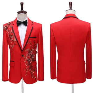 CGSUITS Men's Fashion Floral Applique Red Blazer Suit Jacket & Pants Suit Set