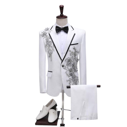 CGSUITS Men's Fashion Floral Applique White Blazer Suit Jacket & Pants Suit Set - Divine Inspiration Styles