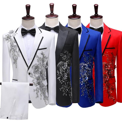 CGSUITS Men's Fashion Floral Applique White Black Blue Red Blazer Suit Jacket & Pants Suit Set