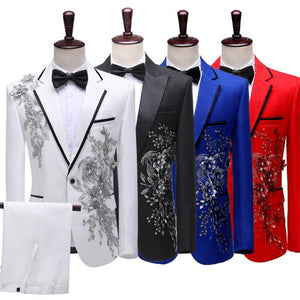 CGSUITS Men's Fashion Floral Applique White Black Blue Red Blazer Suit Jacket & Pants Suit Set