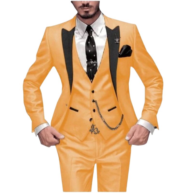 Menseventwear Fashion 3 Pieces Mens Suit Peak Lapel Tuxedos For Wedding (Blazer+vest+Pants) Gold / 4XL
