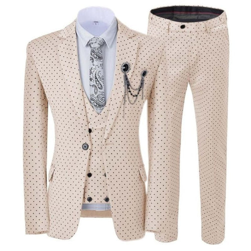 GMSUITS Men's Fashion Formal 3-Piece Suit Set Luxury Style Polka Dots Beige Suit Set (Jacket + Pants + Vest) Suit Set