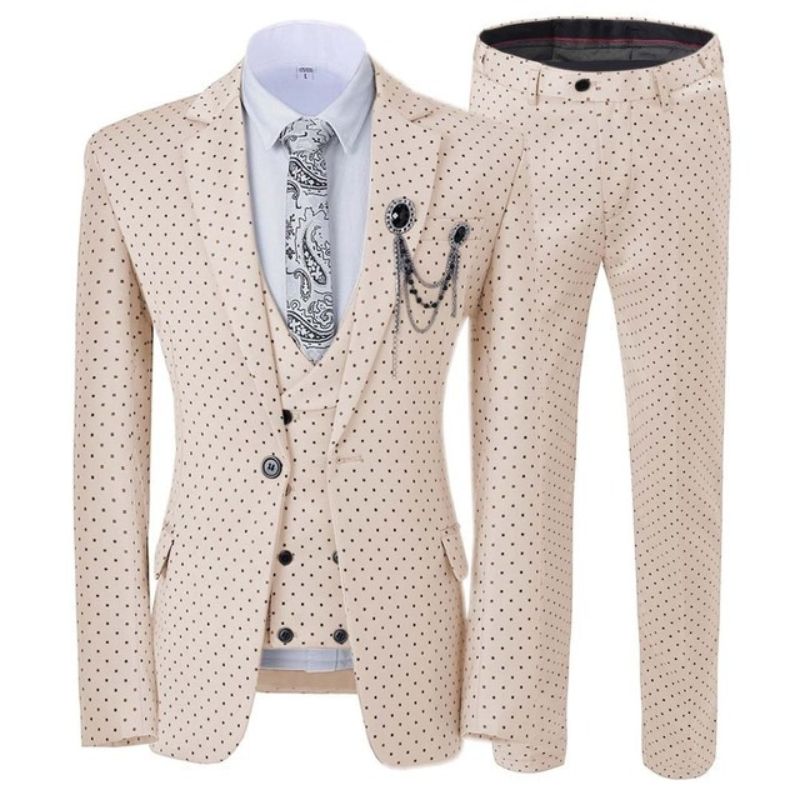 GMSUITS Men's Fashion Formal 3-Piece Suit Set Luxury Style Polka Dots Beige Suit Set (Jacket + Pants + Vest) Suit Set