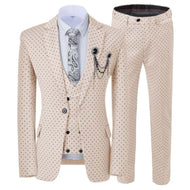 GMSUITS Men's Fashion Formal 3-Piece Suit Set Luxury Style Polka Dots Beige Suit Set (Jacket + Pants + Vest) Suit Set