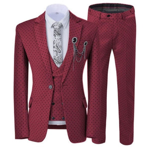 GMSUITS Men's Fashion Formal 3-Piece Suit Set Luxury Style Polka Dots Burgundy Suit Set (Jacket + Pants + Vest) Suit Set