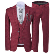 GMSUITS Men's Fashion Formal 3-Piece Suit Set Luxury Style Polka Dots Burgundy Red Suit Set (Jacket + Pants + Vest) Suit Set