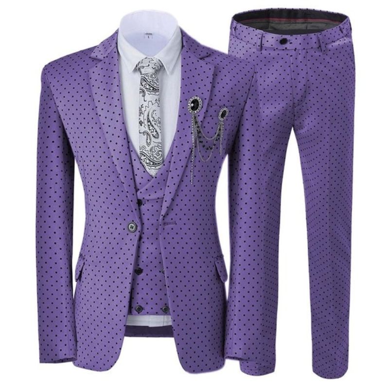 GMSUITS Men's Fashion Formal 3-Piece Suit Set Luxury Style Polka Dots Lavender Suit Set (Jacket + Pants + Vest) Suit Set