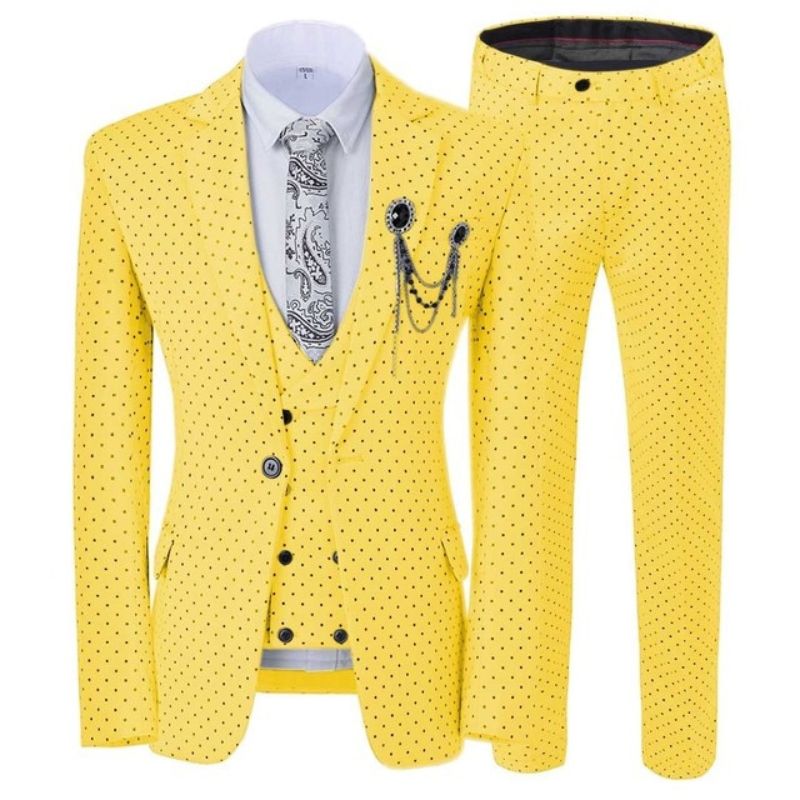 GMSUITS Men's Fashion Formal 3-Piece Suit Set Luxury Style Polka Dots Yellow Suit Set (Jacket + Pants + Vest) Suit Set