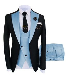KENTON SUITS Men's Fashion Formal 3 Piece Tuxedo (Jacket + Vest + Pants) Black & Blue Suit Set