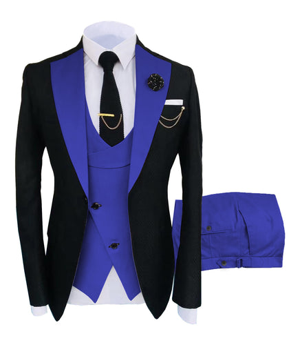 KENTON SUITS Men's Fashion Formal 3 Piece Tuxedo (Jacket + Vest + Pants) Black & Royal Blue Suit Set