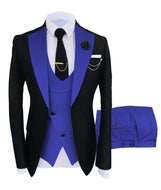 KENTON SUITS Men's Fashion Formal 3 Piece Tuxedo (Jacket + Vest + Pants) Black & Royal Blue Suit Set