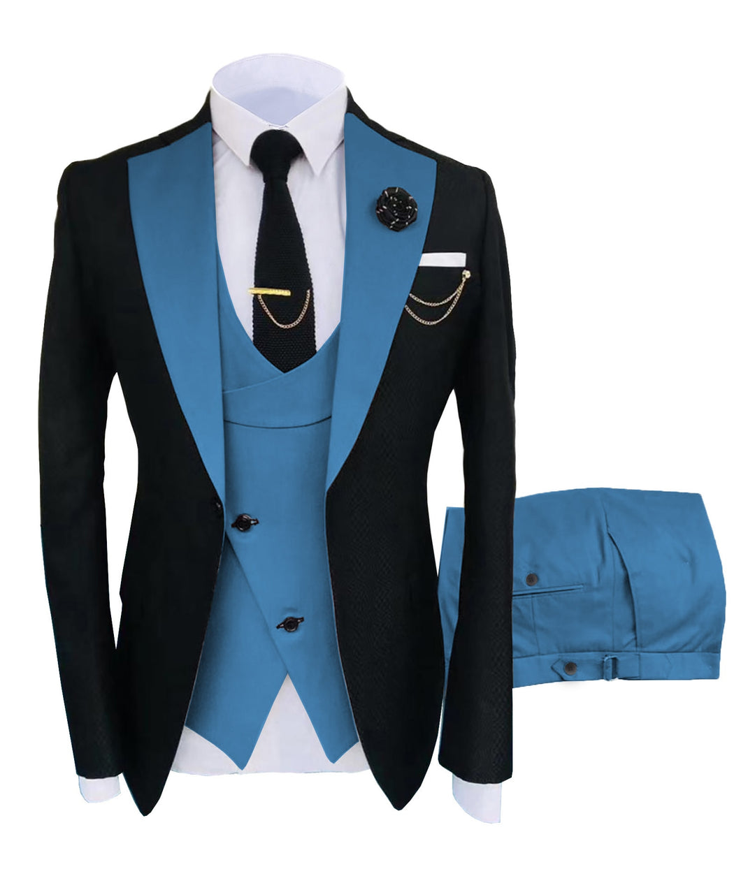 KENTON SUITS Men's Fashion Formal 3 Piece Tuxedo (Jacket + Vest + Pants) Black & Blue Suit Set - Divine Inspiration Styles