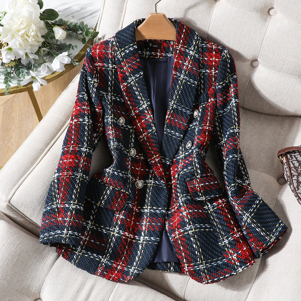 CAROLINE Design Collection Women's Elegant Stylish Fashion Office Professional Woven Plaid Blazer Jacket - Divine Inspiration Styles