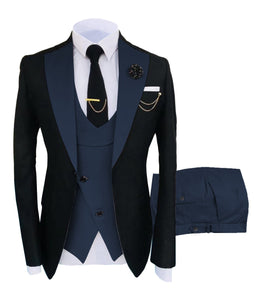 KENTON SUITS Men's Fashion Formal 3 Piece Tuxedo (Jacket + Vest + Pants) Black & Navy Blue Suit Set - Divine Inspiration Styles