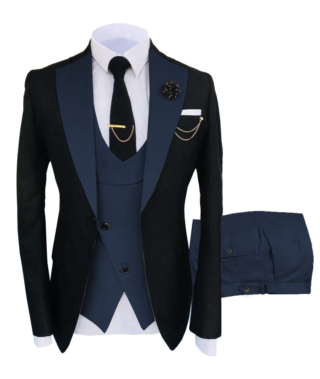 KENTON SUITS Men's Fashion Formal 3 Piece Tuxedo (Jacket + Vest + Pants) Black & Navy Blue Suit Set - Divine Inspiration Styles
