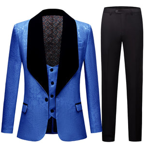 CGSUITS Men's Fashion Formal 3 Piece Royal Blue & Black Tuxedo (Jacket + Vest + Pants) Suit Set
